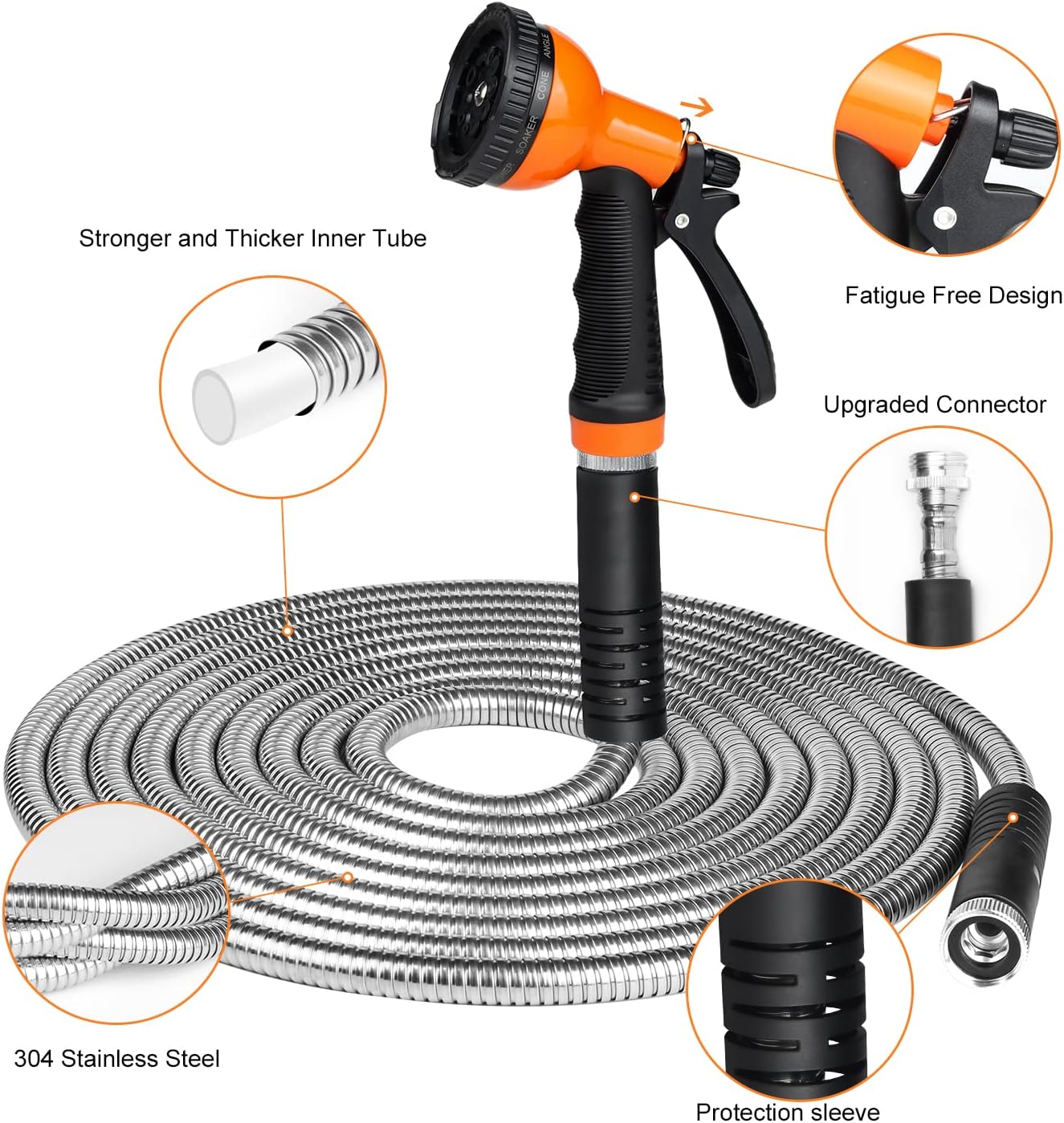 Garden Hose 25/50/75/100 FT - Flexible Metal Hose with 10 Function Nozzle, Kink Free, Lightweight, Durable, Crush Resistant Fitting, Easy to Coil, Puncture Proof Hose for Yard, Rv, 600 PSI - 2024 Model