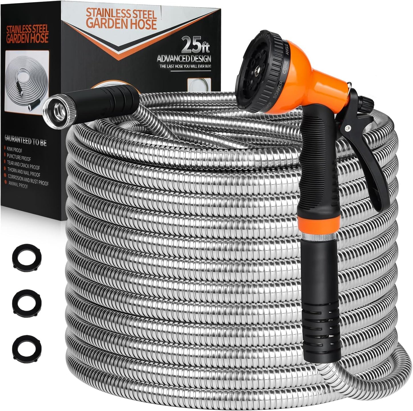 Garden Hose 25/50/75/100 FT - Flexible Metal Hose with 10 Function Nozzle, Kink Free, Lightweight, Durable, Crush Resistant Fitting, Easy to Coil, Puncture Proof Hose for Yard, Rv, 600 PSI - 2024 Model
