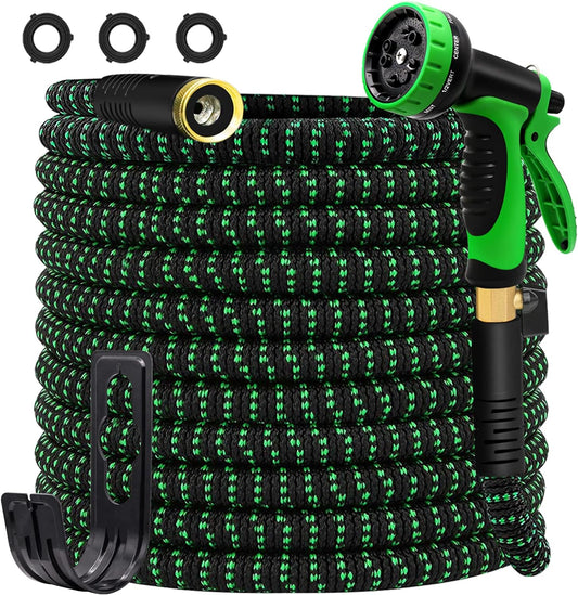 50/100 FT Expandable Garden Hose, Water Hose with 10-Function High-Pressure Spray Nozzle, Heavy Duty Flexible Hose, 3/4" Solid Brass Fitting